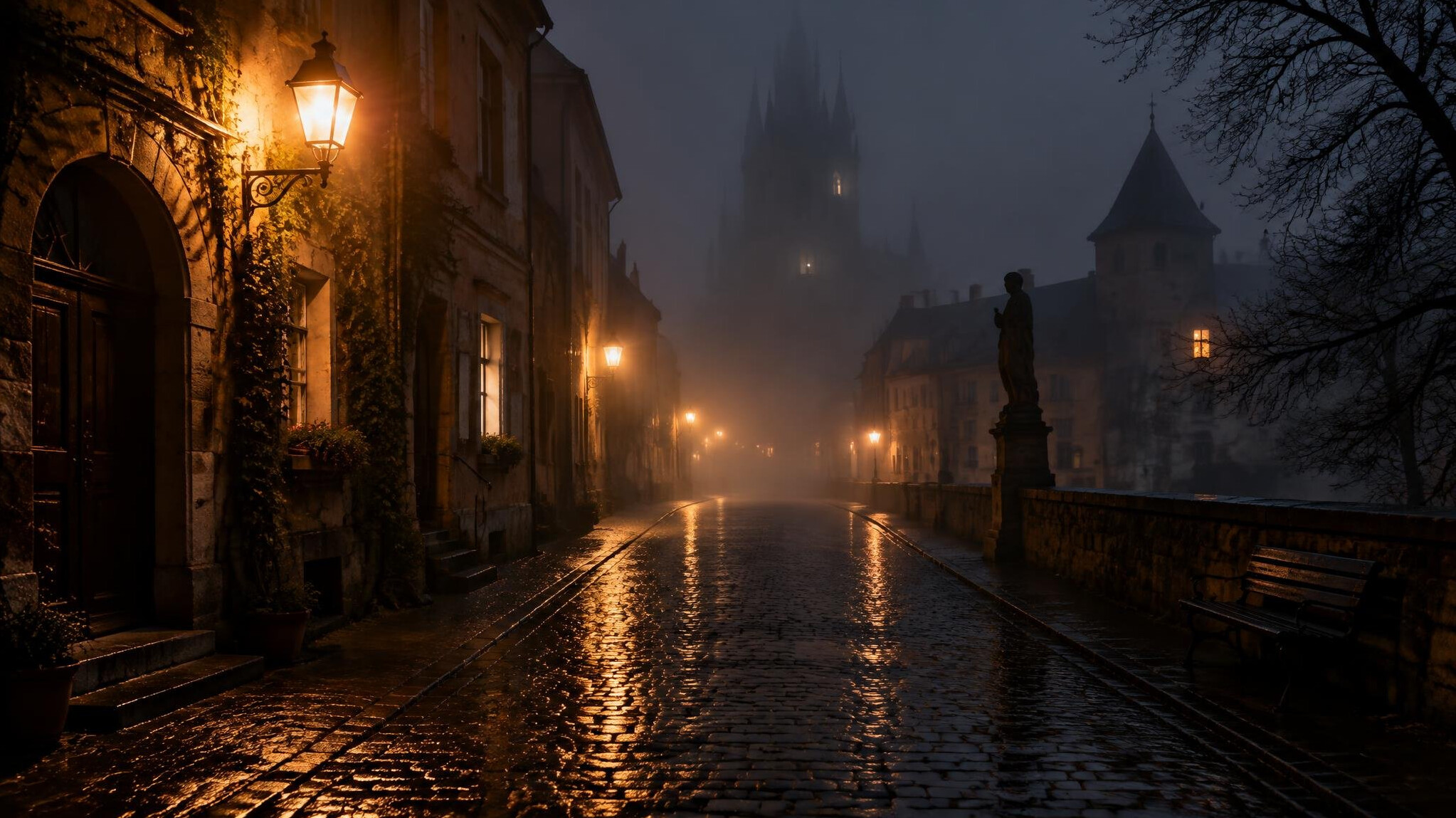 Foggy cobblestone street at night with old street lamps