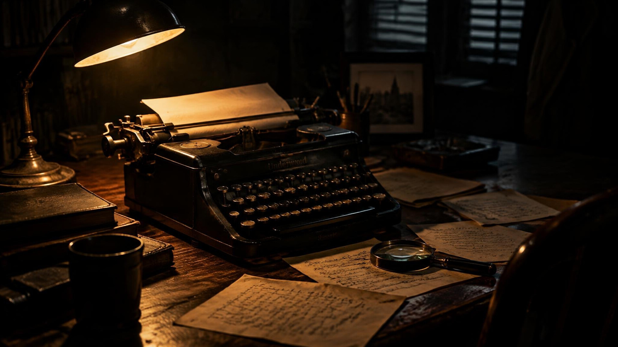 Vintage typewriter on a wooden desk with dim lamp light