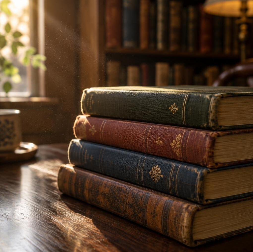 Stack of old hardcover books on a wooden table