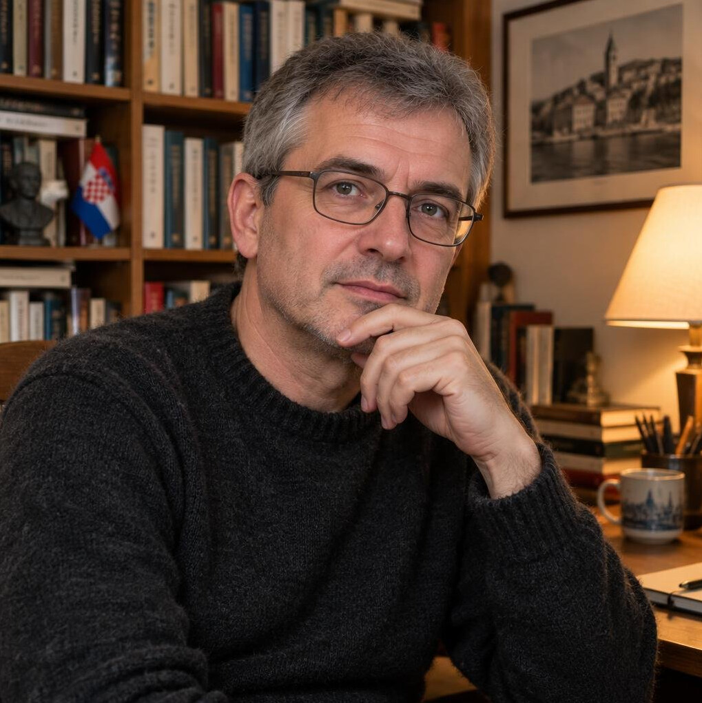 Portrait of a middle-aged Croatian man writer in a study