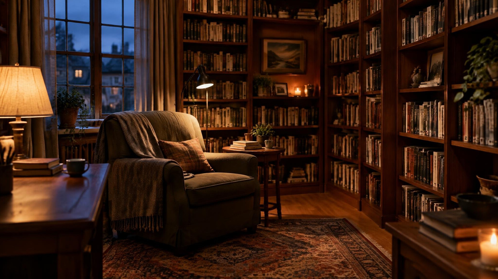 Quiet writer's study with bookshelves and warm lighting