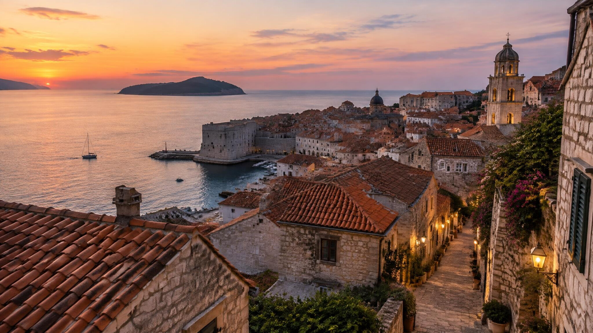 Old stone coastal town in Croatia at dusk